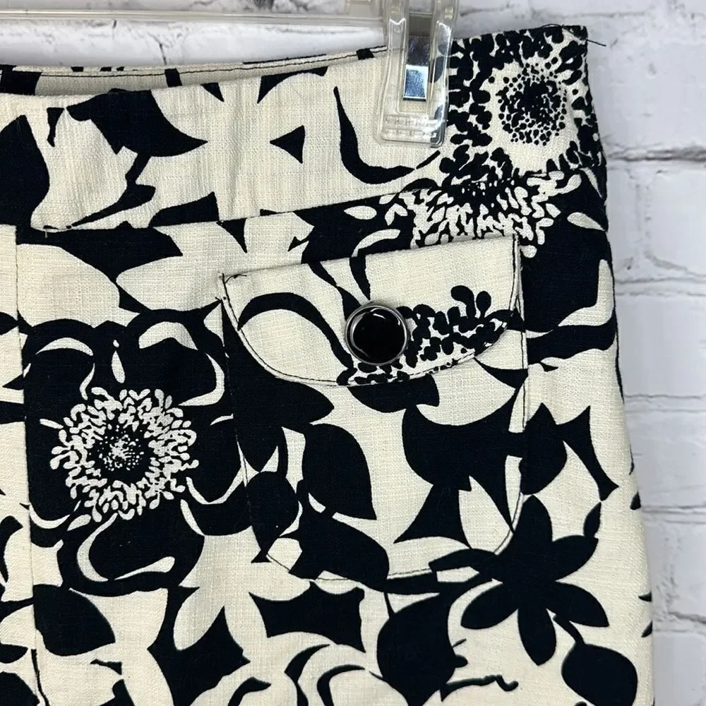 Merona Black Ivory Floral A-Line Lined Knee-Length Skirt Size 12